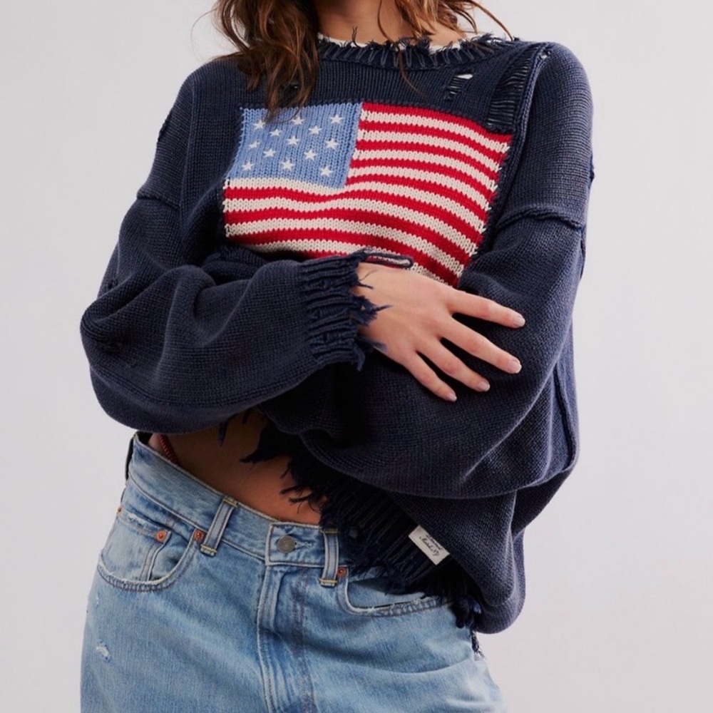 Denimist Distressed Sweater with American Flag Design - Picture 2 of 5